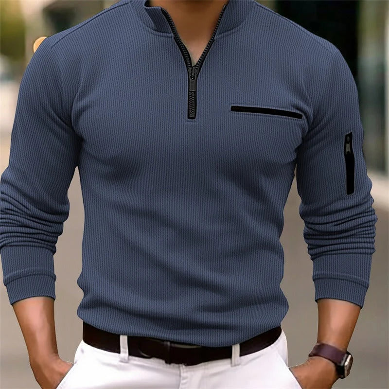 Men's Long-Sleeve Zip Collar Shirt with Fitted Silhouette and Zippered Pockets 2