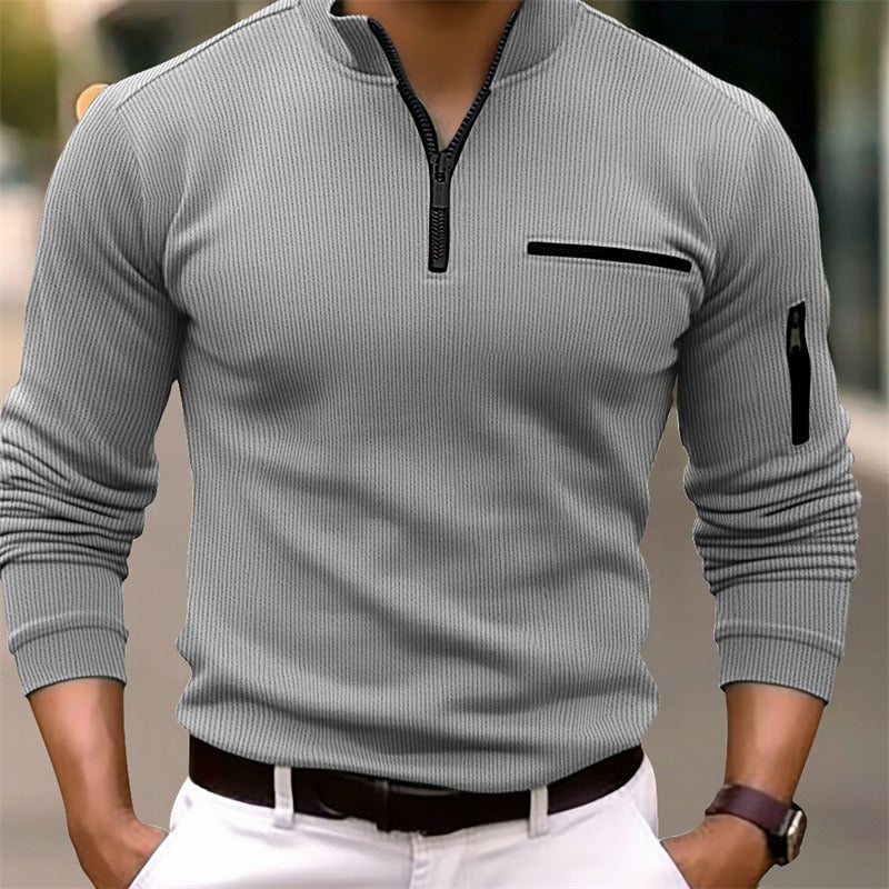 Men's Long-Sleeve Zip Collar Shirt with Fitted Silhouette and Zippered Pockets 3