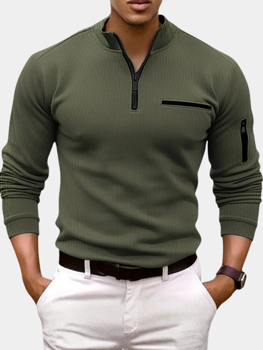 Men's Long-Sleeve Zip Collar Shirt with Fitted Silhouette and Zippered Pockets 4