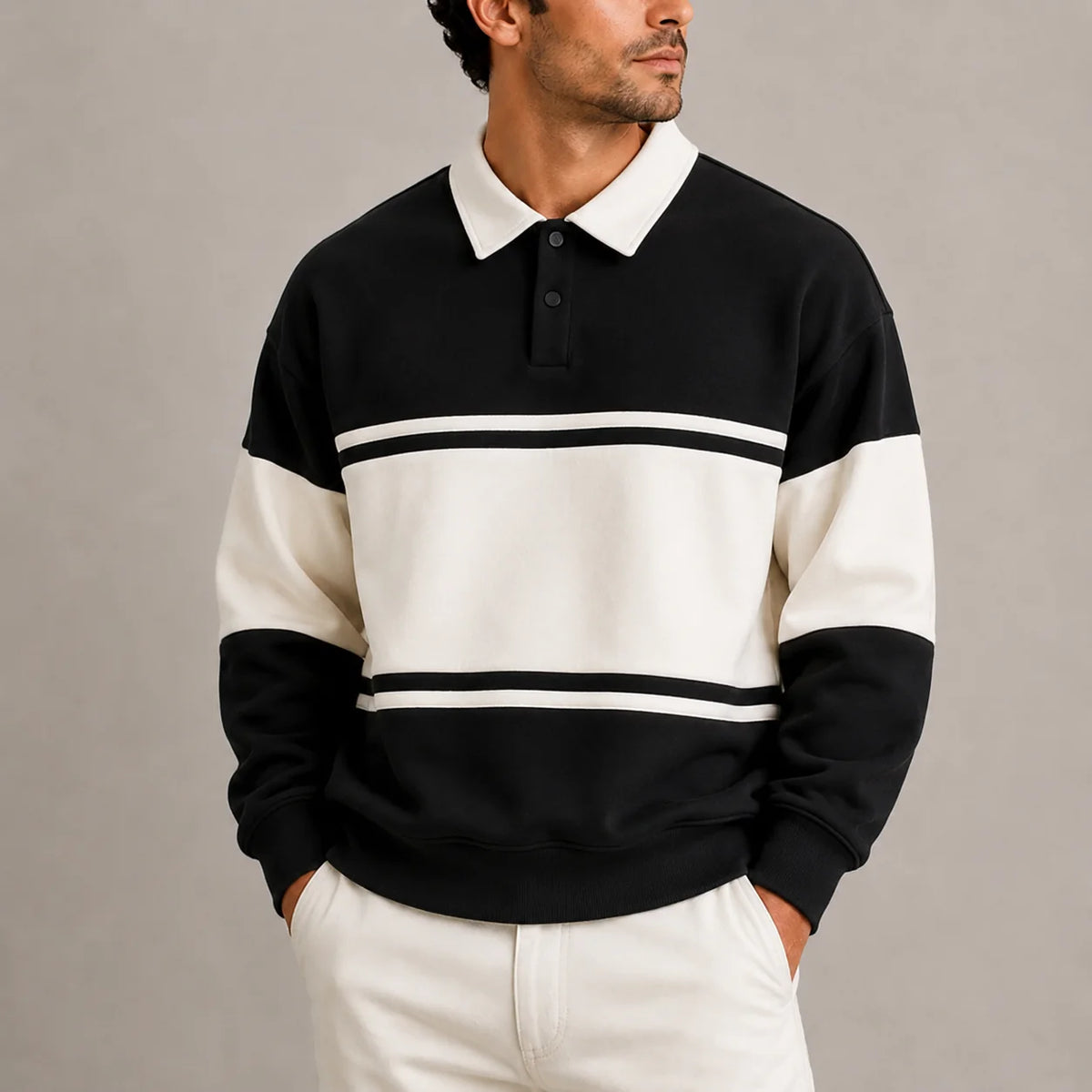 Men's Long Sleeve Colour Block Polo Sweatshirt with Contrasting Collar 2