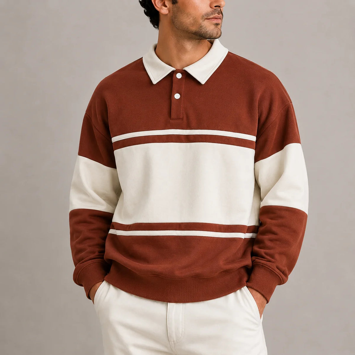 Men's Long Sleeve Colour Block Polo Sweatshirt with Contrasting Collar 3