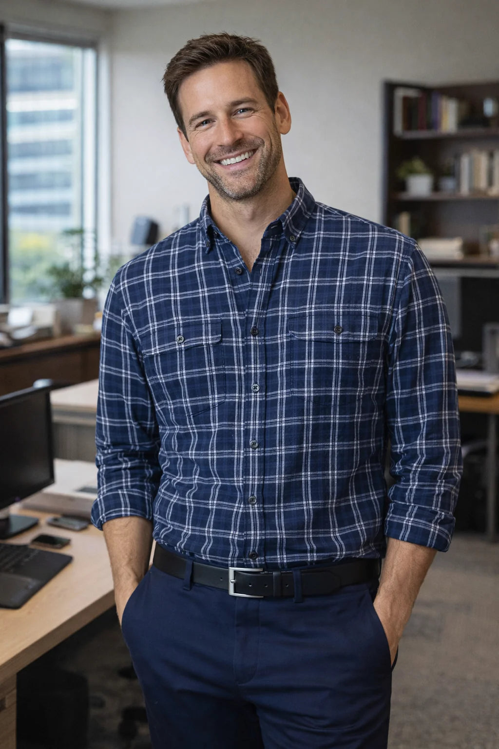 Men's Long Sleeve Cotton Flannel Shirt with Navy-Gray Plaid Design 0