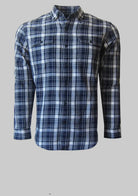 Men's Long Sleeve Cotton Flannel Shirt with Navy-Gray Plaid Design 1