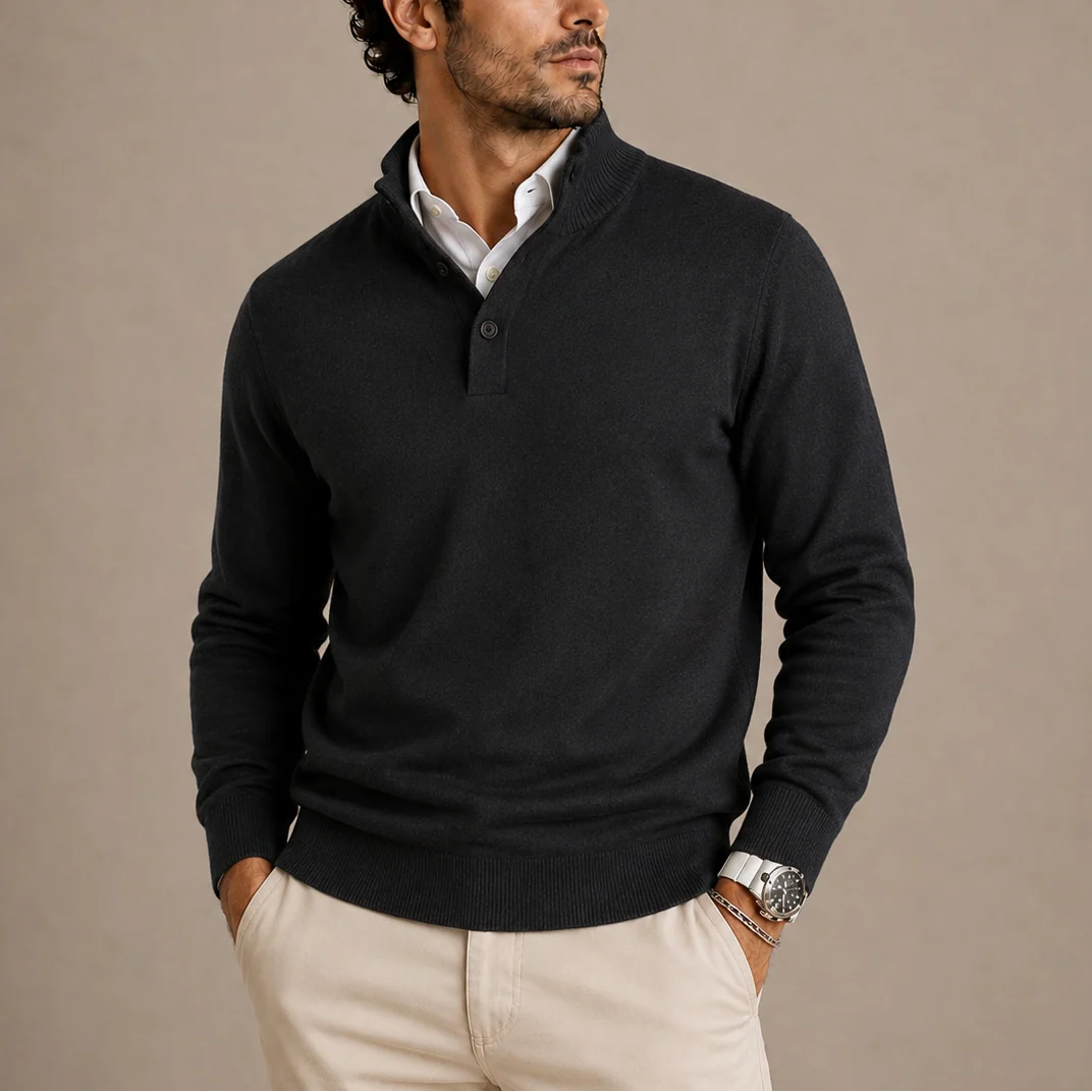 Men's Long Sleeve Knit Polo Sweater with Buttoned Collar and Ribbed Cuffs 0