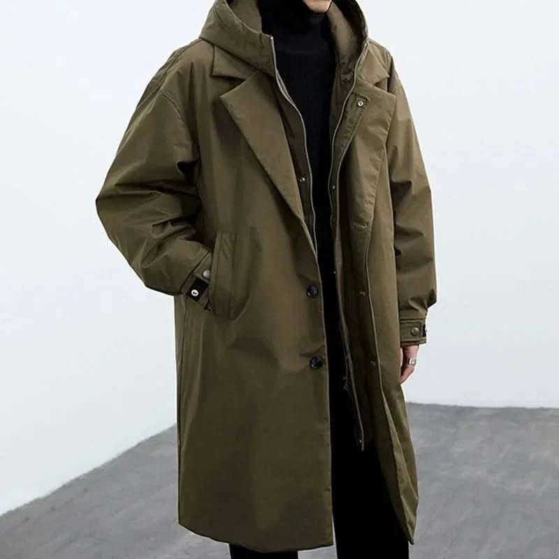 Men's Longline Hooded Overcoat with Button Front and Lapel Collar 0