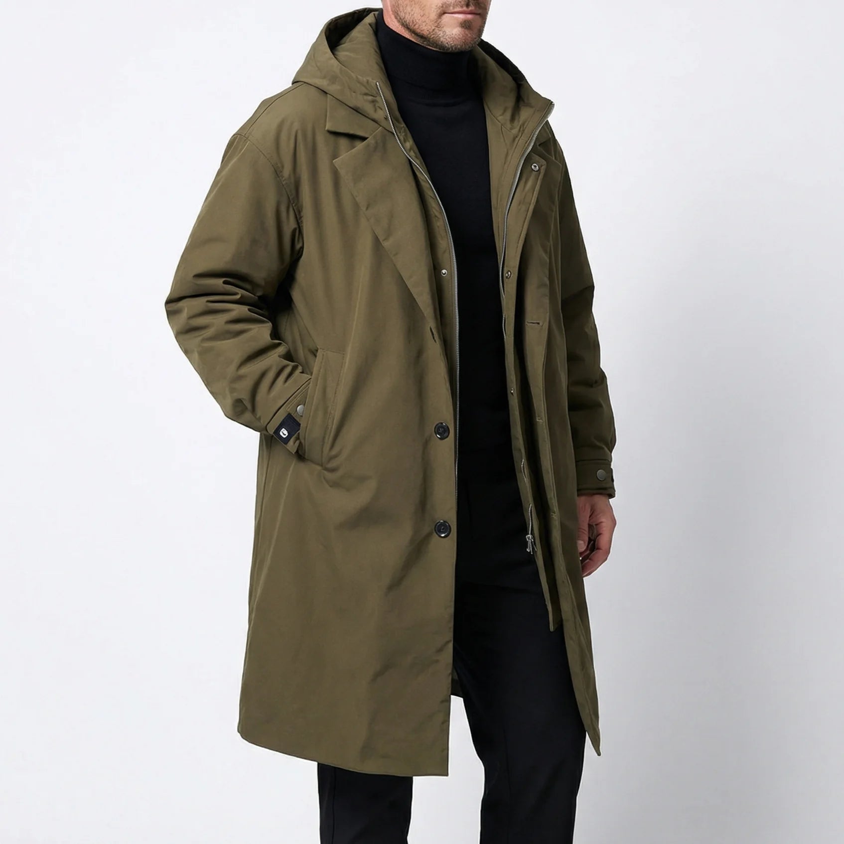 Men's Longline Hooded Overcoat with Button Front and Lapel Collar 1