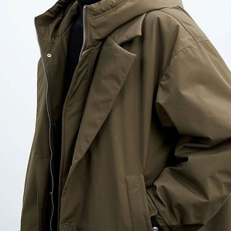 Men's Longline Hooded Overcoat with Button Front and Lapel Collar 2