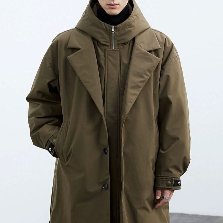 Men's Longline Hooded Overcoat with Button Front and Lapel Collar 5