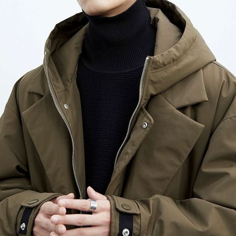 Men's Longline Hooded Overcoat with Button Front and Lapel Collar 6