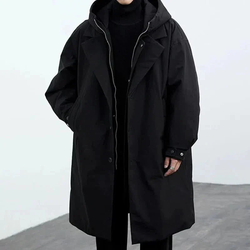 Men's Longline Hooded Overcoat with Button Front and Lapel Collar 7