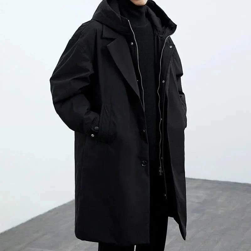 Men's Longline Hooded Overcoat with Button Front and Lapel Collar 8