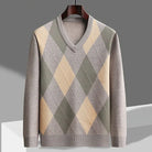 Men's Merino Wool V-Neck Sweater with Argyle Pattern 0