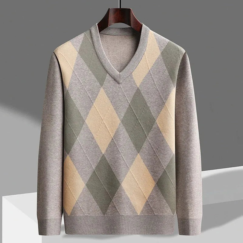 Men's Merino Wool V-Neck Sweater with Argyle Pattern 0
