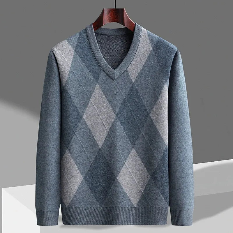 Men's Merino Wool V-Neck Sweater with Argyle Pattern 2
