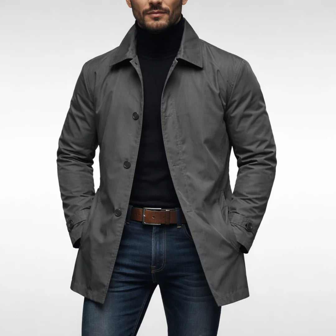 Men's Mid-Length Button-Front Overcoat with Point Collar and Side Pockets 1