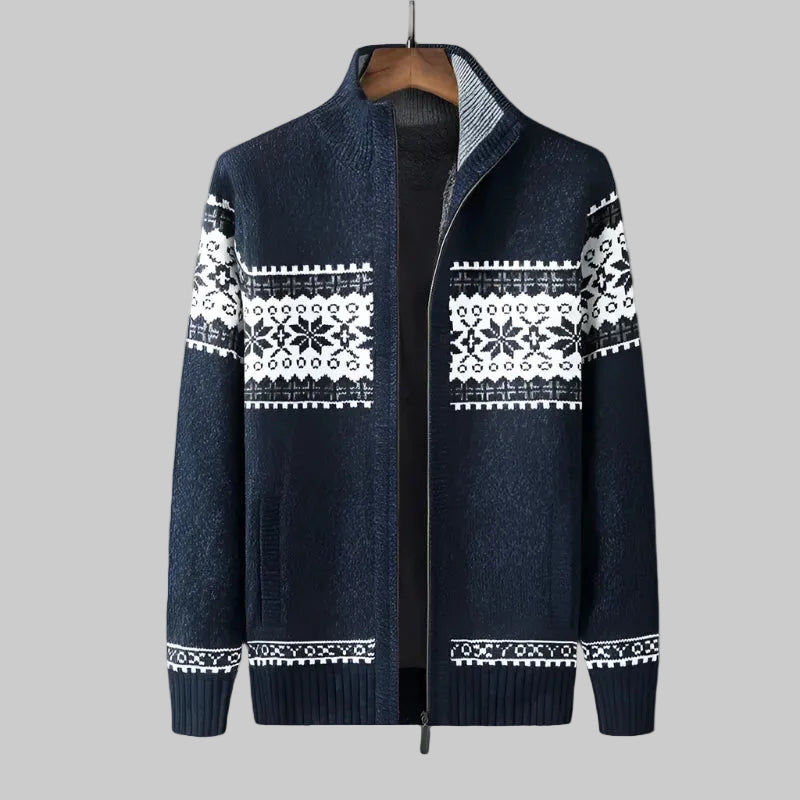 Men's Norwegian Pattern Zip-Up Cardigan with High Collar 0