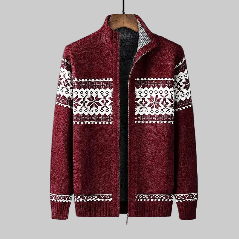 Men's Norwegian Pattern Zip-Up Cardigan with High Collar 1