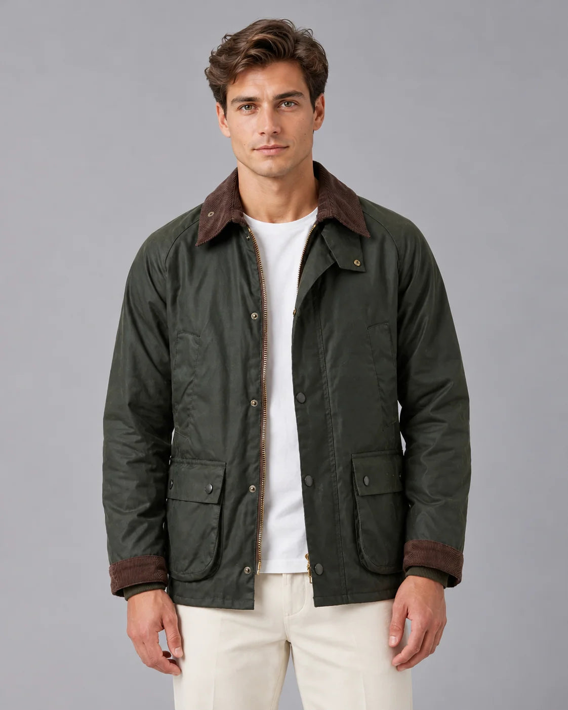 Men's Oil-Waxed Nylon Barn Jacket with Corduroy Collar 0