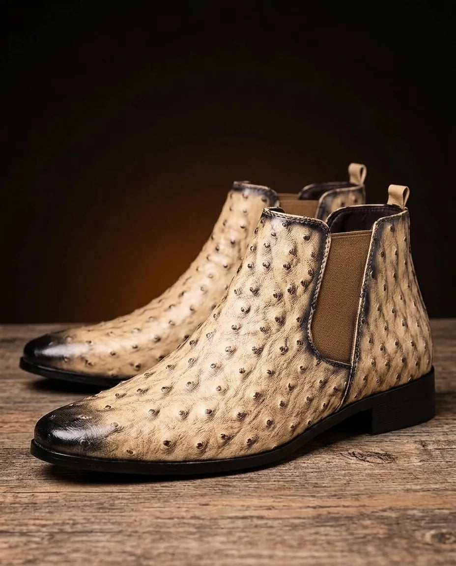Men's Ostrich-Embossed Leather Slip-On Boots with Cushioned Insoles 0