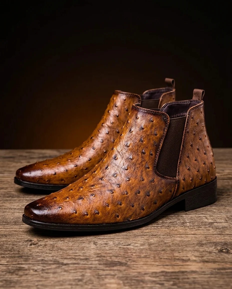 Men's Ostrich-Embossed Leather Slip-On Boots with Cushioned Insoles 1