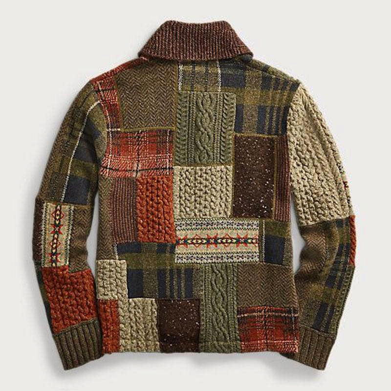 Men's Patchwork Cable-Knit Shawl Collar Cardigan Sweater 1