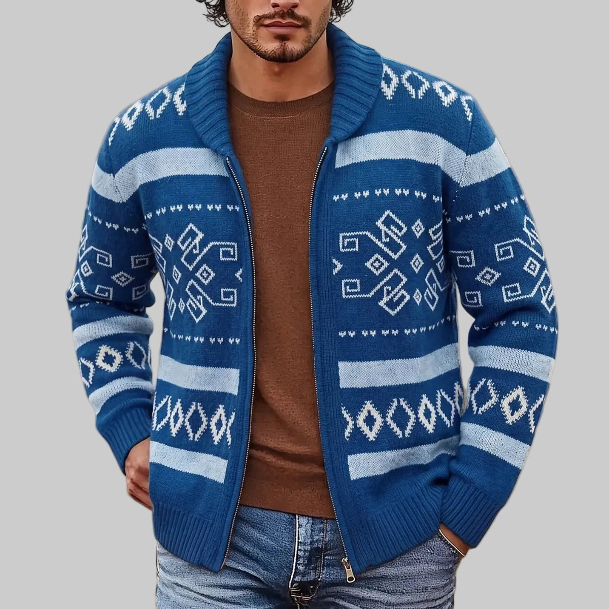 Men's Patterned Zip Up Cardigan with Rolled Collar 0