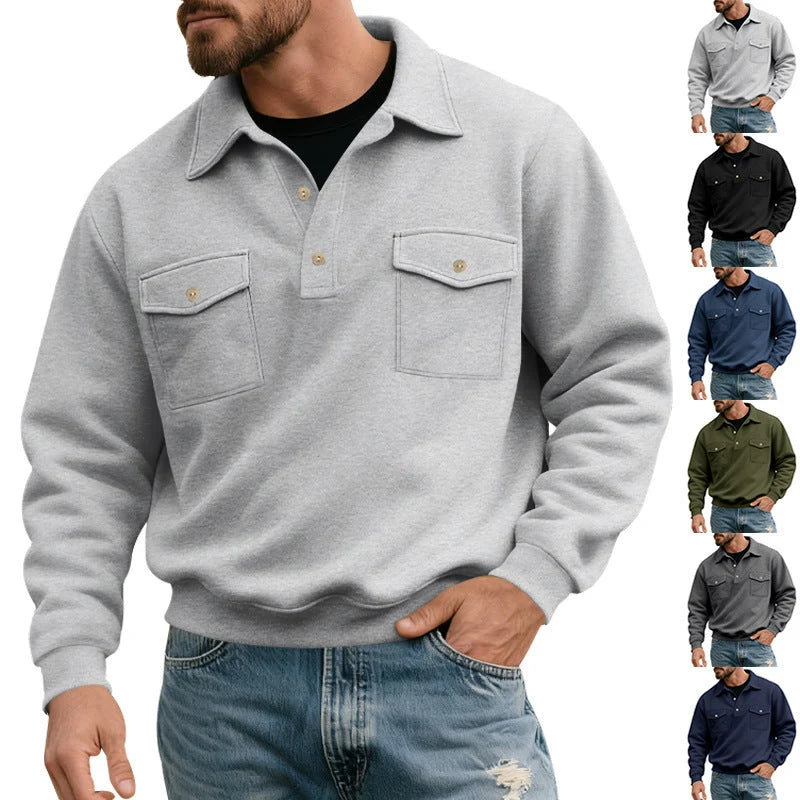 Men's Polo Collar Sweatshirt with Patch Chest Pockets and Ribbed Cuffs 1