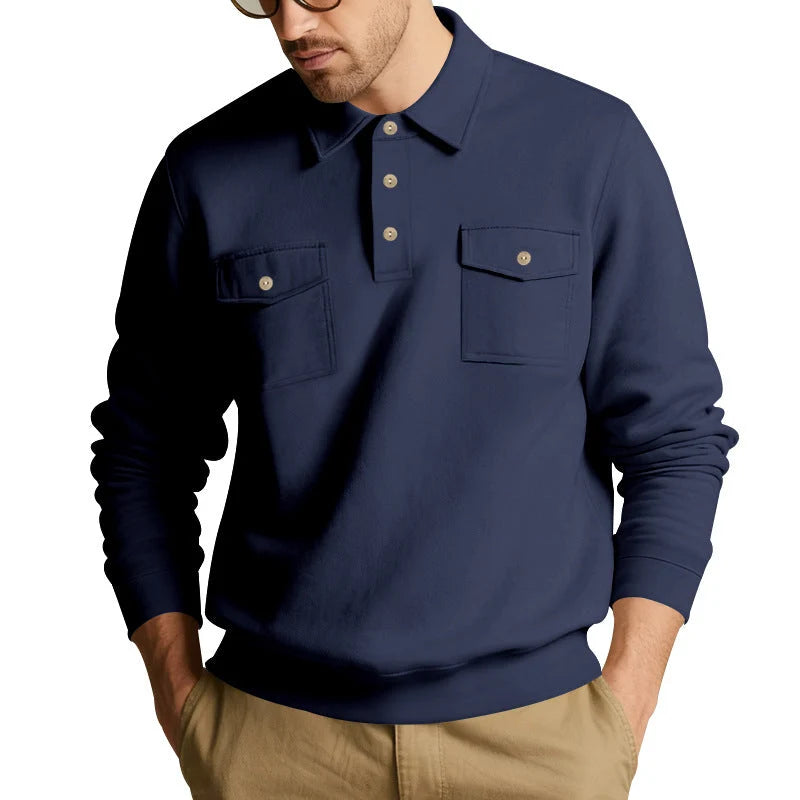 Men's Polo Collar Sweatshirt with Patch Chest Pockets and Ribbed Cuffs 2