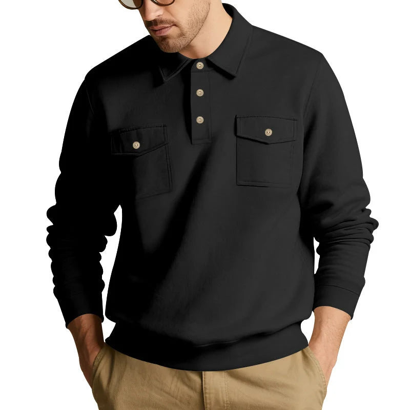 Men's Polo Collar Sweatshirt with Patch Chest Pockets and Ribbed Cuffs 3