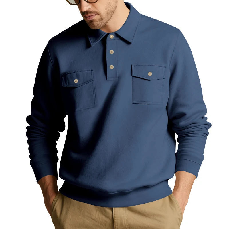 Men's Polo Collar Sweatshirt with Patch Chest Pockets and Ribbed Cuffs 5