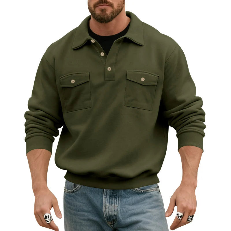 Men's Polo Collar Sweatshirt with Patch Chest Pockets and Ribbed Cuffs 6