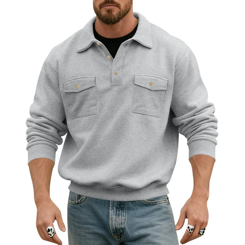 Men's Polo Collar Sweatshirt with Patch Chest Pockets and Ribbed Cuffs 7
