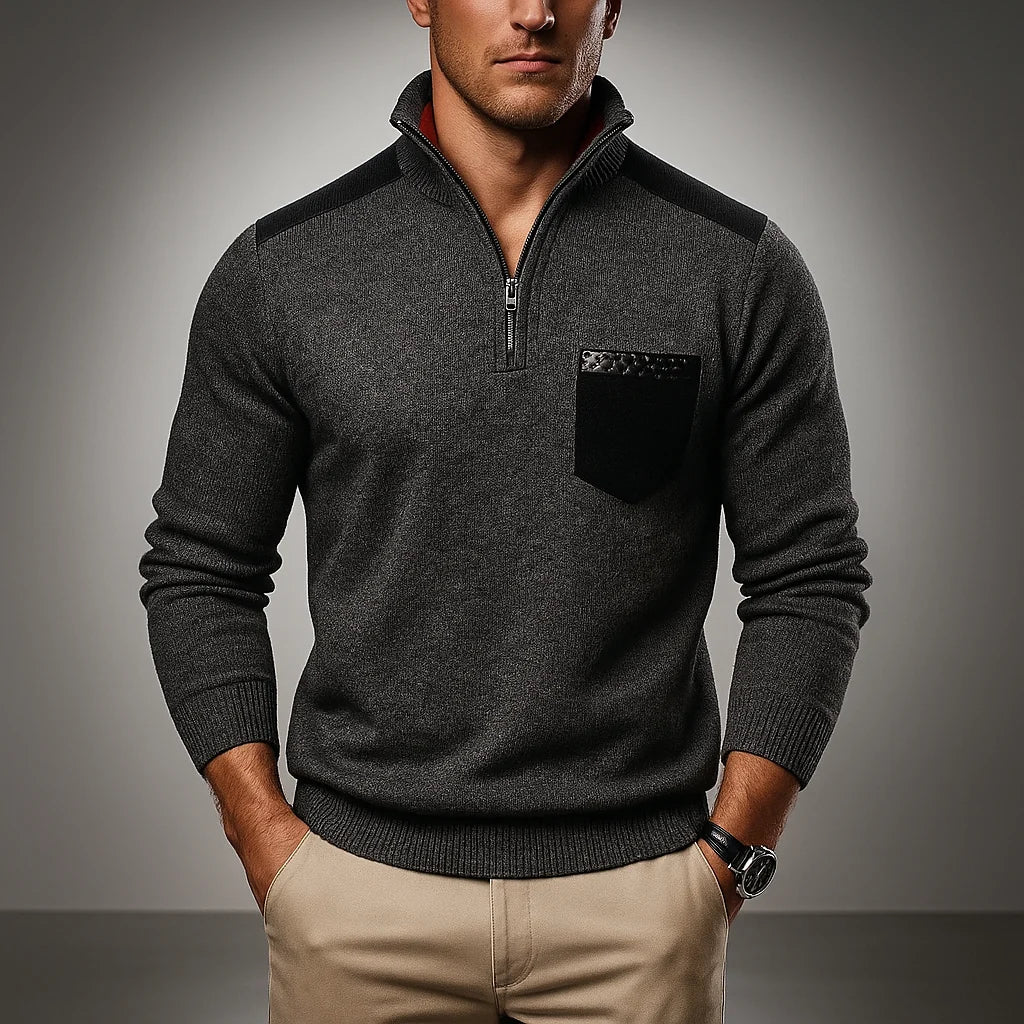 Men's Quarter-Zip Sweater with Contrast Panel and High Collar 1