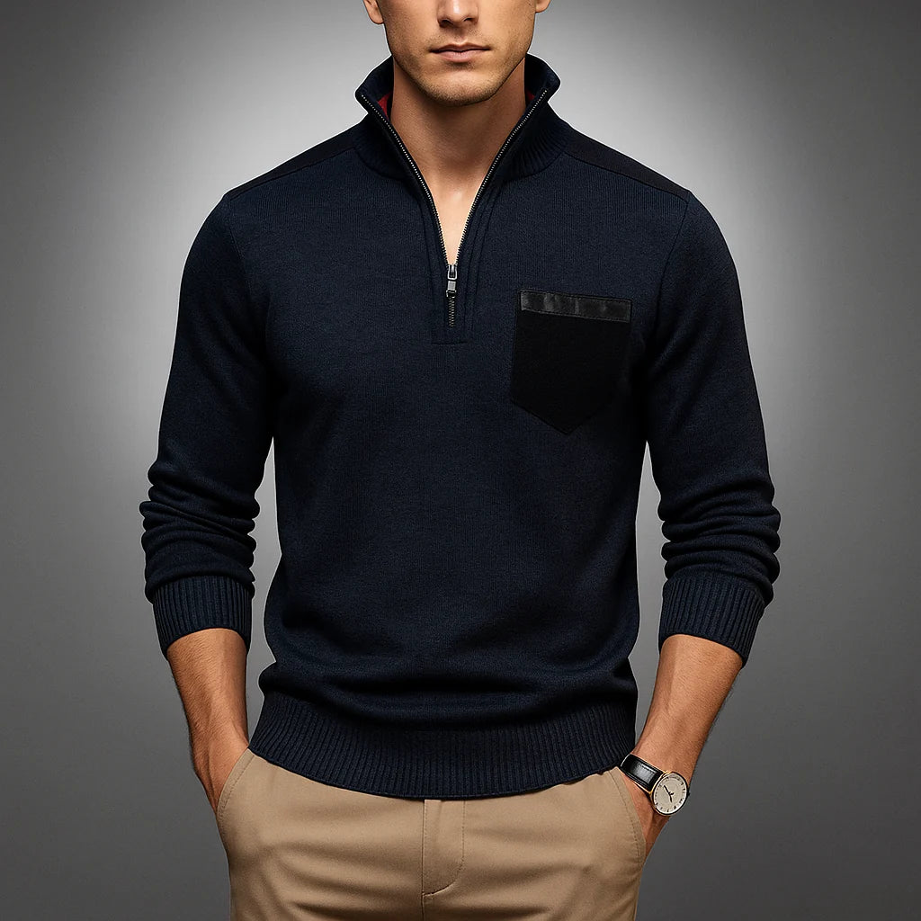 Men's Quarter-Zip Sweater with Contrast Panel and High Collar 2