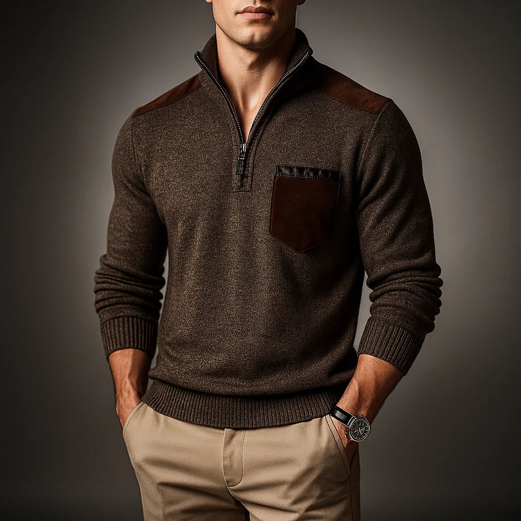 Men's Quarter-Zip Sweater with Contrast Panel and High Collar 3