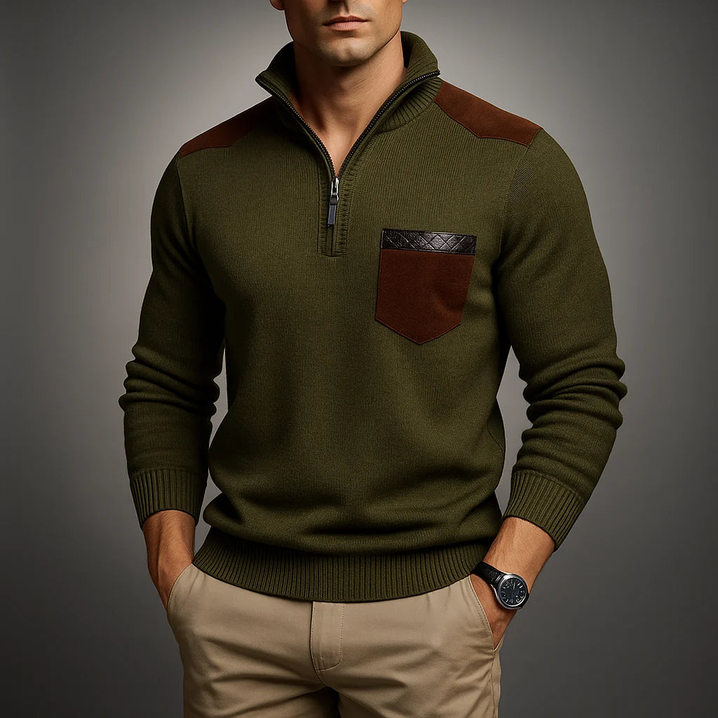 Men's Quarter-Zip Sweater with Contrast Panel and High Collar 4