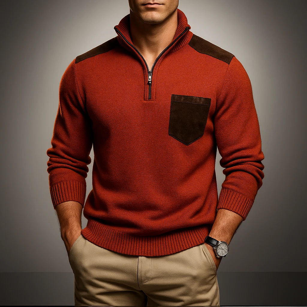 Men's Quarter-Zip Sweater with Contrast Panel and High Collar 5