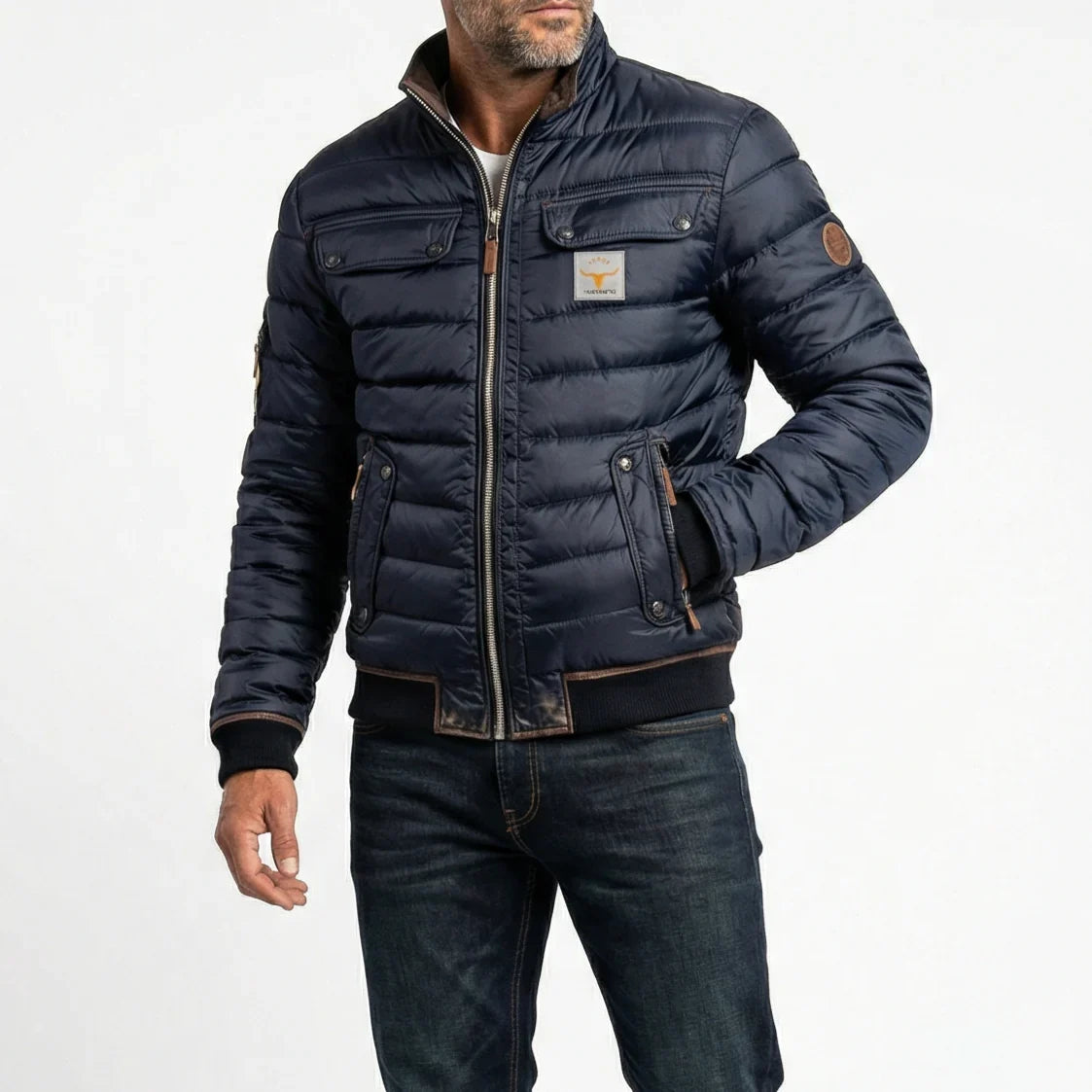 Men's Quilted Bomber Puffer Jacket with Zip Front and Pockets 1