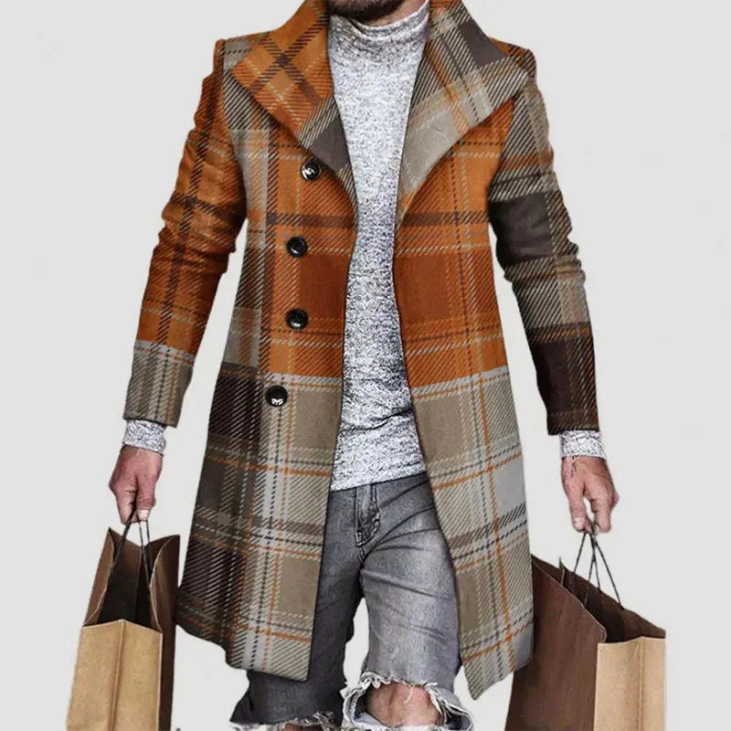 Men's Regular Fit Plaid Button-Front Overcoat with Notched Lapel 0