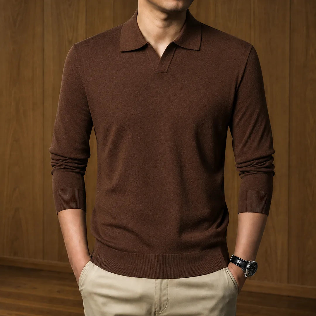Men's Ribbed Knit Long-Sleeve Polo Sweater with V-Neck Placket 0