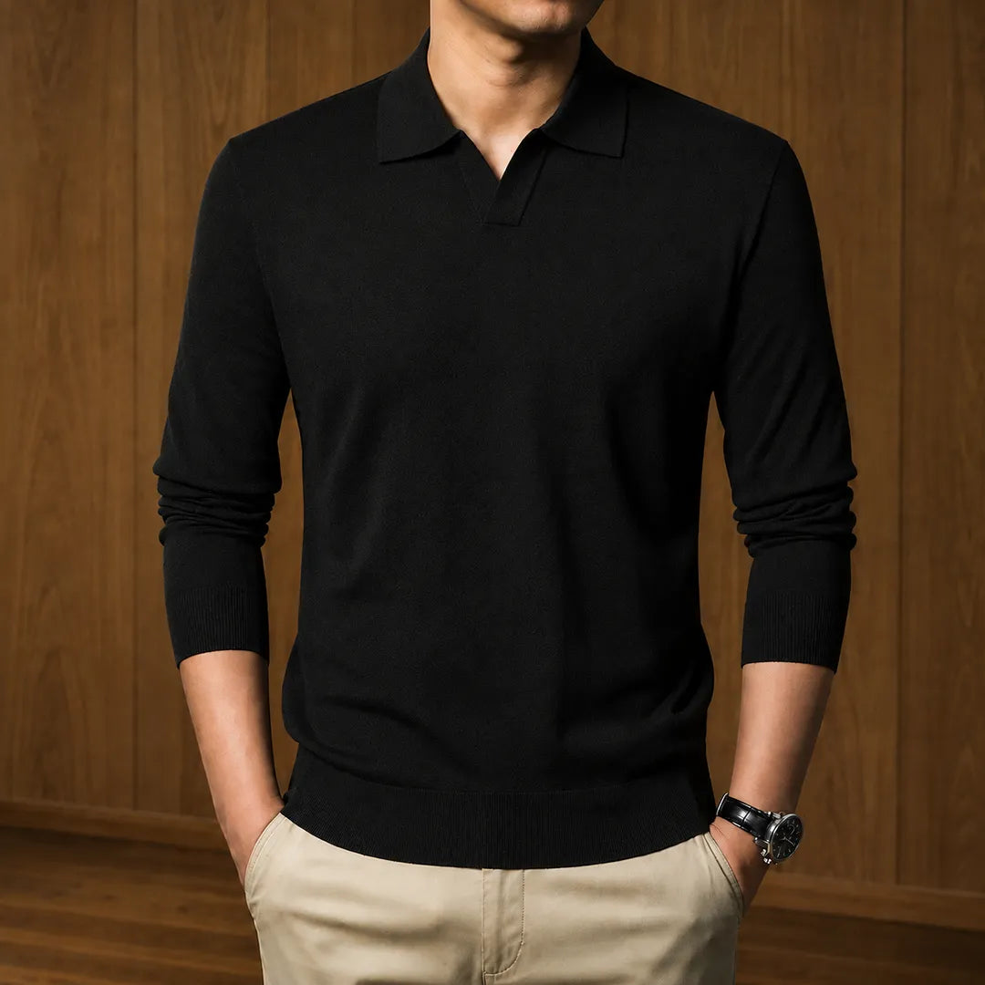 Men's Ribbed Knit Long-Sleeve Polo Sweater with V-Neck Placket 1