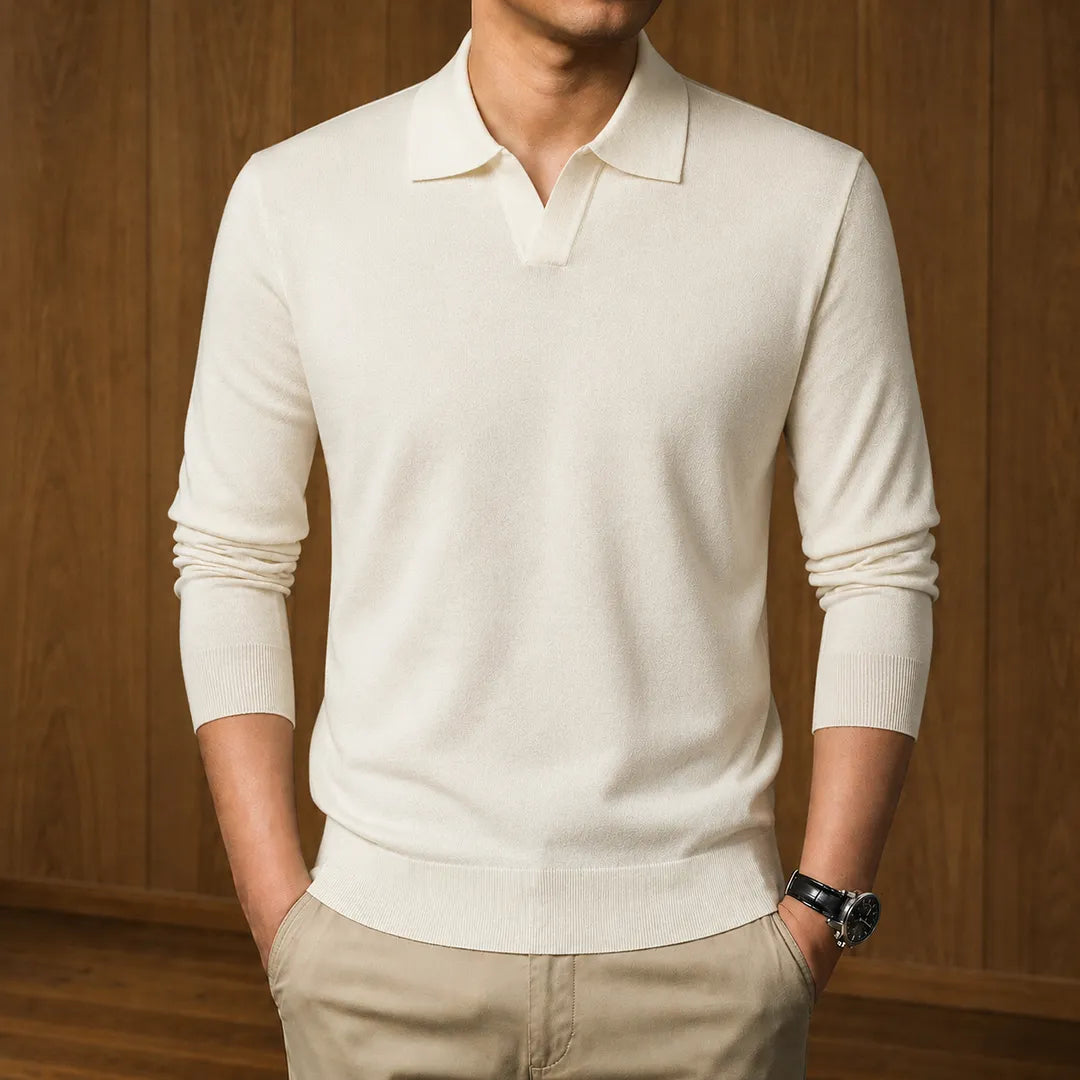 Men's Ribbed Knit Long-Sleeve Polo Sweater with V-Neck Placket 2