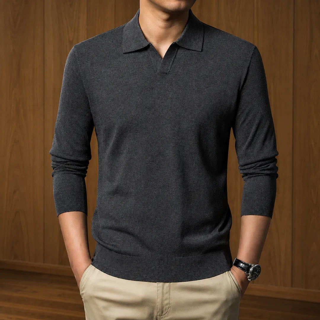 Men's Ribbed Knit Long-Sleeve Polo Sweater with V-Neck Placket 3