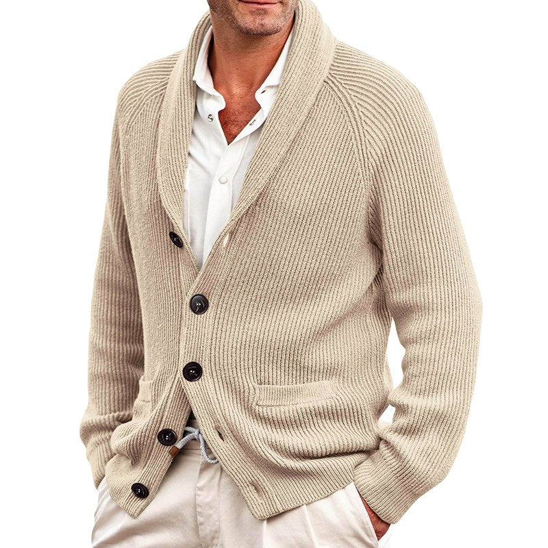 Men's Ribbed Shawl Collar Button-Up Cardigan with Patch Pockets 1