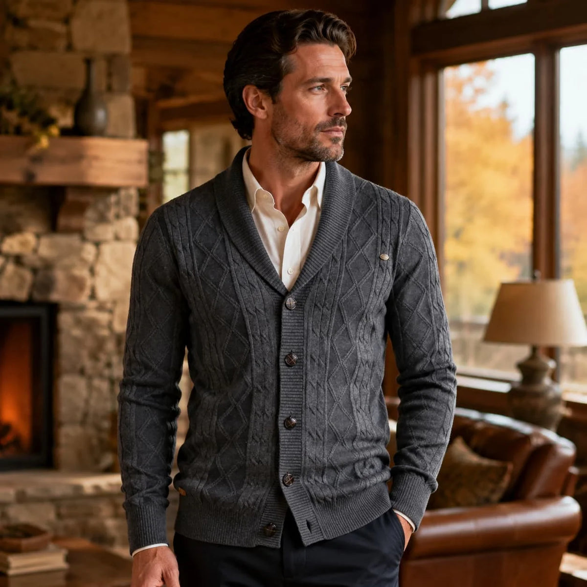 Men's Shawl Collar Button-Front Cardigan in Textured Knit 1