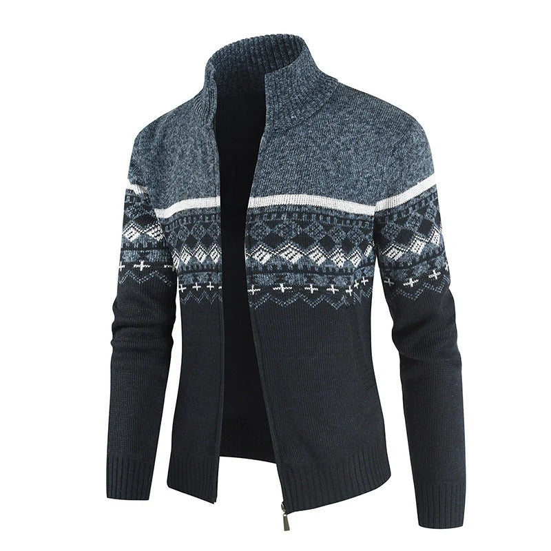 Men's Slim-Fit Stand Collar Zip Cardigan with Winter Pattern 1