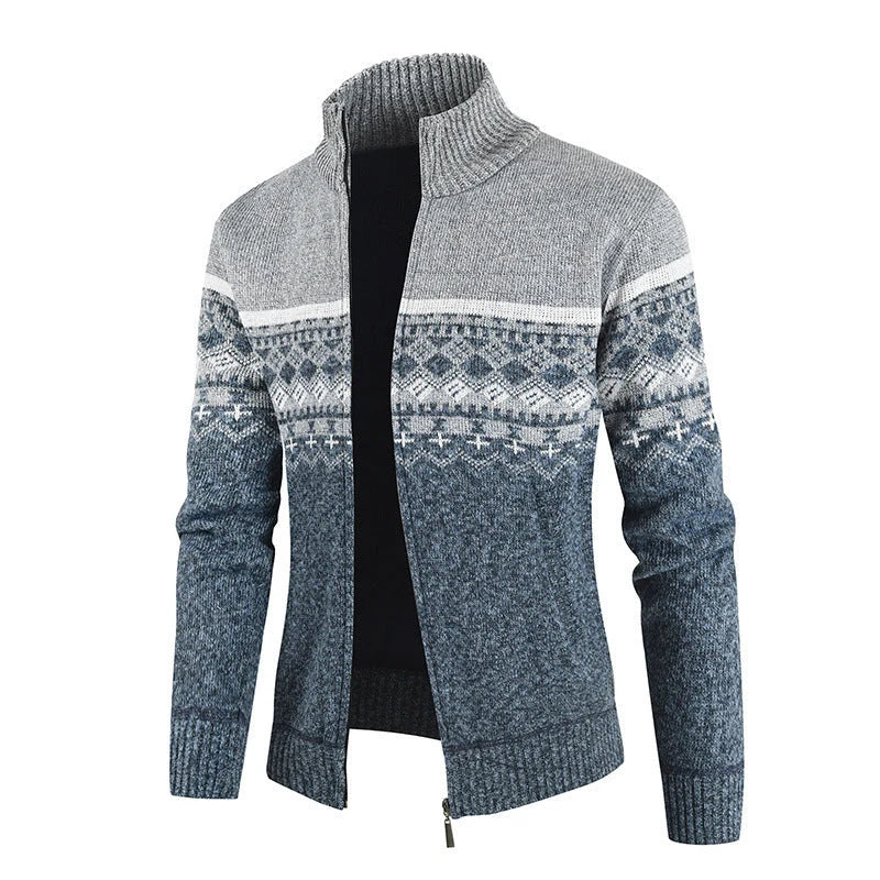 Men's Slim-Fit Stand Collar Zip Cardigan with Winter Pattern 2