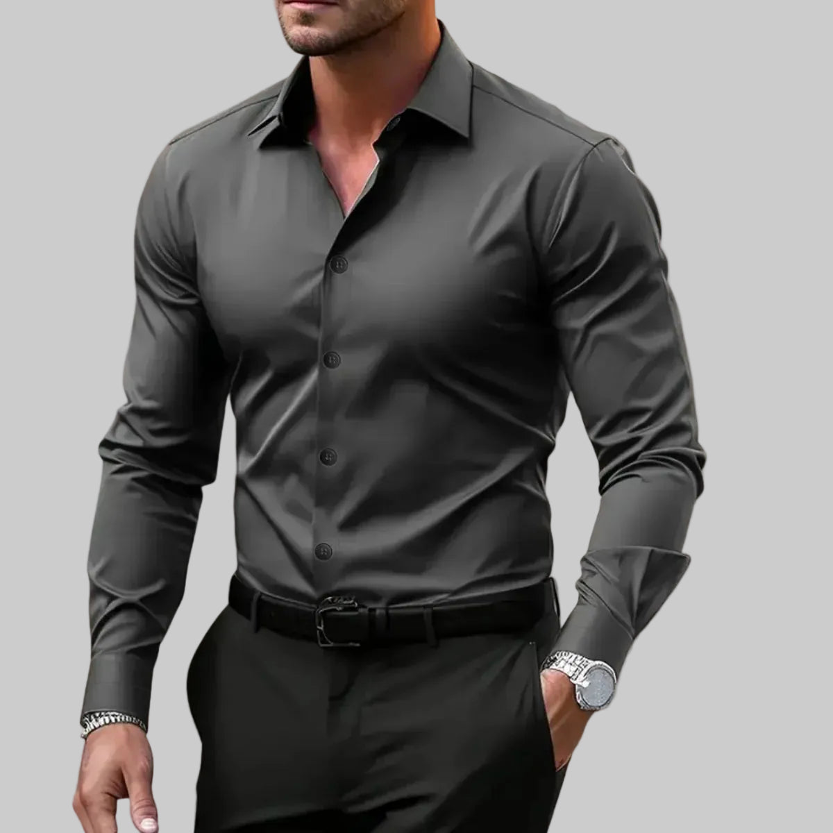 Men's Slim Fit Button-Front Shirt with Notched Collar 0