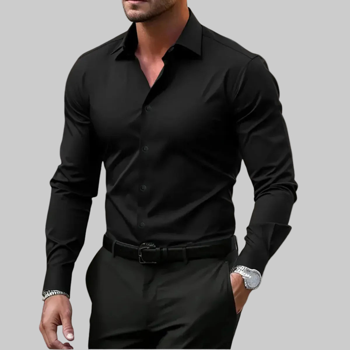 Men's Slim Fit Button-Front Shirt with Notched Collar 4