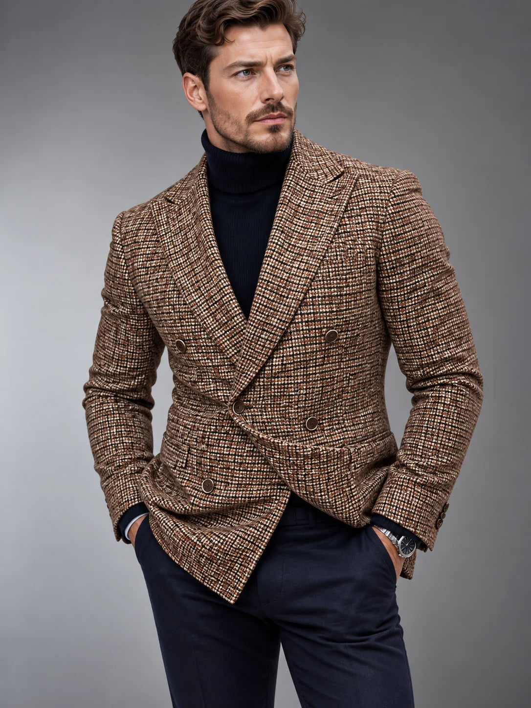 Men's Slim Fit Double-Breasted Checked Blazer Jacket 0